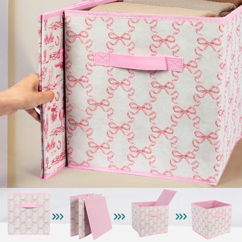 6 Pcs Pink Bow Cube Storage Bins 12.5 Inch Storage Basket with Handle, Cute Girls Organizer Basket, Collapsible Fabric Box for Classroom Bedrooms Office Home Decoration (Bow) - Image 2