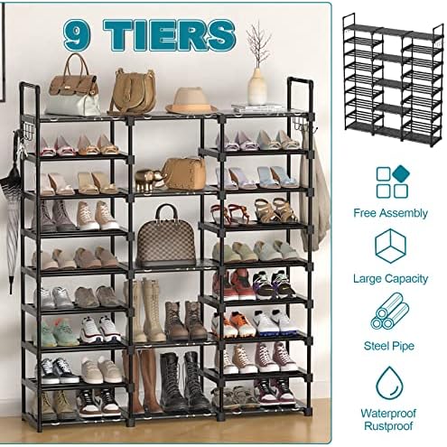 9-Tier Shoe Rack Storage Organizer, Shoe Shelf for Holds 50-55 Pairs Large Shose Stand with Adjustable Side Hooks for Entryway and Hallway - Image 3