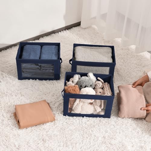 Homsorout Stackable Storage Bins with Lids - Medium Storage Box with Lids, Foldable Closet Boxes for Organizing, Wardrobe Clothes Organizer with Window, Cubes Bins for Living Room, 5 Pack, Navy Blue - Image 6