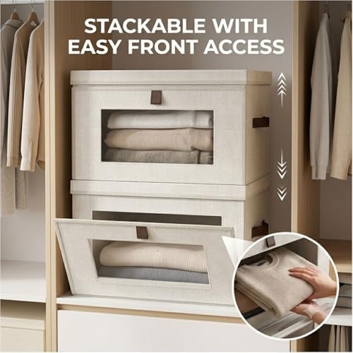 35L Large Closet Organizers and Storage Bins 4-Pack, Collapsible Fabric Storage Boxes with Lids and Handles, Front Opening Wardrobe Container with Clear Window for Clothes, Blankets, Living Room, Dorm - Image 2
