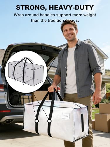 HOMESURE8 Pack 40 Gal Large Strong Moving Bags with Zippers & Carrying Handles - Water-Resistant - Heavy Duty Storage Tote for Space Saving, Fold Flat, Alternative to Moving Box (Semi-Transparent) - Image 2