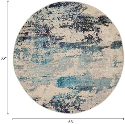 Nourison Home Celestial Ivory Teal Blue 5'3" x Round Area Rug - Easy Clean, Non Shedding, Bed Room, Living Room, Dining Room, Kitchen (5' x Round) - Image 2