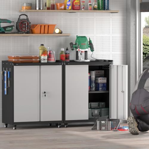 GREATMEET Garage Storage Cabinet with Wheels, Lockable Metal Storage Cabinet, Rolling Tool Cabinet with Adjustable Shelf, Push Handle for Shop, Home, Office, Black/Grey - Image 2