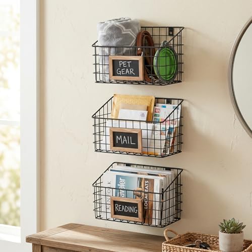 MyGift 10 Inch Wall Mounted Matte Black Metal Wire Storage Baskets with Chalkboard Labels, Small Hanging Organizer Bins for Home Entryway Kitchen Pantry Closet, Set of 3 - Image 2