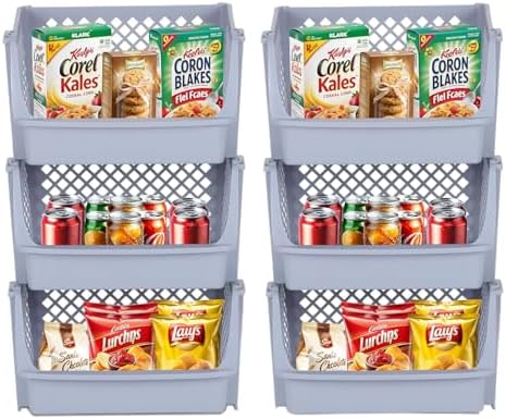 XLarge Stackable Storage Bins Open Front for Pantry, 6 Pack - Light Grey by Skywin