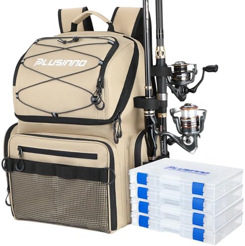 PLUSINNO Cooler Fishing Backpack with Rod Holders 45L Large Water-resistant Fishing Tackle bag Store Fishing Gear Fishing Gifts for Men Father by PLUSINNO