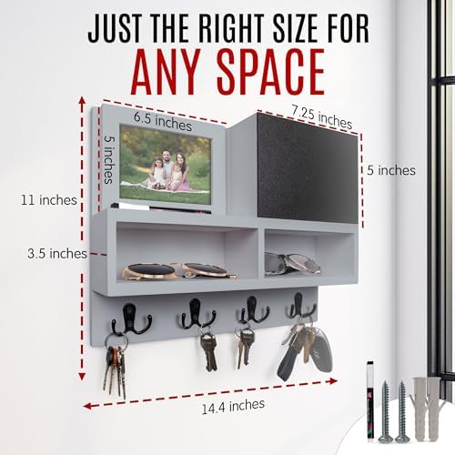 Spacelog Key and Mail Holder for Wall with Chalkboard – Magnetic Picture Frame Key Holder Wall Mount, Grey, Dual Storage & Cupboards - Image 2