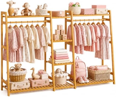 BAMBOOHOMIE Kids Clothing Rack with Shelves, Bamboo Clothes Garment Rack for Kids Child Baby, Kids Dress Up Storage Rack with Top Shelf, Toddlers Wardrobe Closet for Nursery (Large Size) by BAMBOOHOMIE