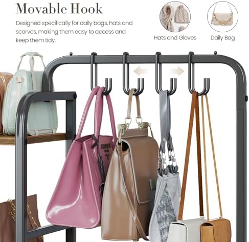 Purse Organizer for Closet, with Bottom Drawer, Extra Large Capacity 3 Tier Handbag Storage Rack for Women, 10 Purse Hanger and Hooks for Bag Organizer, Floor-Standing, Home, Living Room (Black) - Image 5