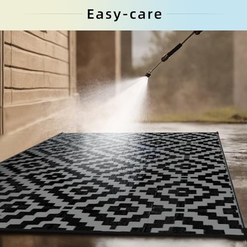 Favoyard Outdoor Rug Black & Grey 8x10 ft Waterproof Reversible Carpet Mat - Image 4