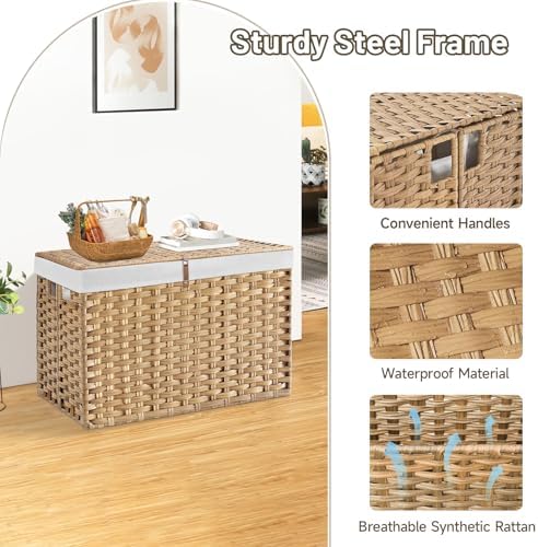 240L Wicker Storage Basket with Lid, Handwoven Rattan Large Shelf Basket with Removable Liner, 47.6 Gallon Wicker Basket for Blanket, Storage Trunk with Handle for Closet, Bedroom, Livingroom, Natural - Image 6