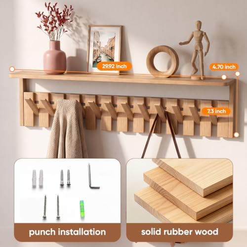 Wall Mounted Coat Rack with Shelf, 12 Flip-Down Hooks, Natural - Image 2