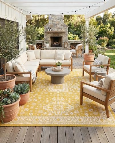 Rugs.com - Outdoor Aztec Rug – 10' x 13' 1 Yellow Indoor/Outdoor Rug – Washable Stain-Resistant Area Rug for Patios, Decks, and Porches by Rugscom
