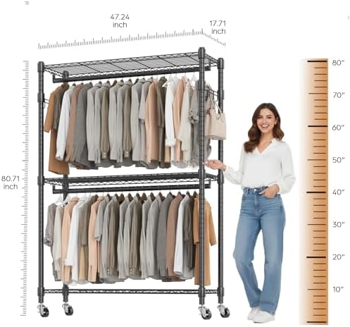 BATHWA Heavy Duty Rolling Clothes Rack with Wheels, 640 lb Hanger Rack & Garment Rack, 25mm Metal Freestanding Portable Closet, 2 Rods + Adjustable Shelves for Hanging Clothes - Image 4