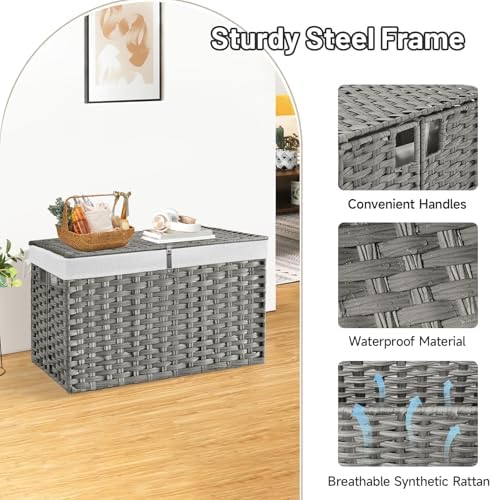 180L Wicker Storage Basket with Lid, Handwoven Rattan Large Shelf Basket with Removable Liner, 47.6 Gallon Wicker Basket for Blanket, Storage Trunk with Handle for Closet, Bedroom, Livingroom, Grey - Image 6