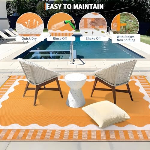 Garvee Scalloped Waterproof Outdoor Rug 8x10 Outdoor Patio Rug, Orange - Image 4