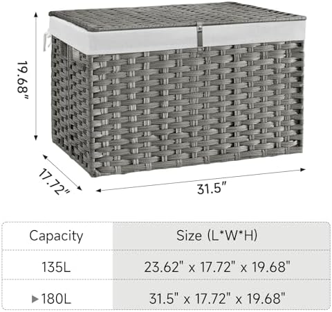 180L Wicker Storage Basket with Lid, Handwoven Rattan Large Shelf Basket with Removable Liner, 47.6 Gallon Wicker Basket for Blanket, Storage Trunk with Handle for Closet, Bedroom, Livingroom, Grey - Image 4