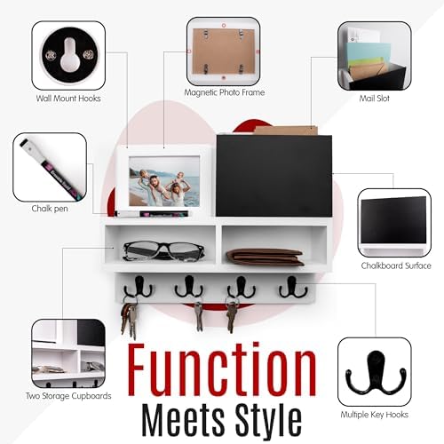 Spacelog Key and Mail Holder for Wall with Chalkboard – Magnetic Picture Frame Key Holder Wall Mount, White, Dual Storage & Cupboards - Image 3