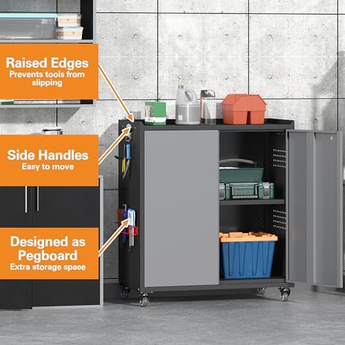 Metal Garage Storage Cabinet with Wheels, Adjustable Rolling Tool Storage Cabinet with Lock, 34" Steel Locking Tool Cabinet with Doors and Shelves for Garage, Warehouse (Black&Gray, 34.3" H) - Image 6