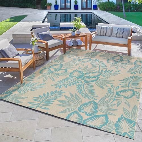 Gertmenian Indoor/Outdoor Kona Coast by Reyn Spooner Rug - 9x13 Extra Large, Stain & UV Resistant, Ideal for Deck, Patio, Poolside Rooms - Palm Leaves, Teal Green Tan, 46676 - Image 5