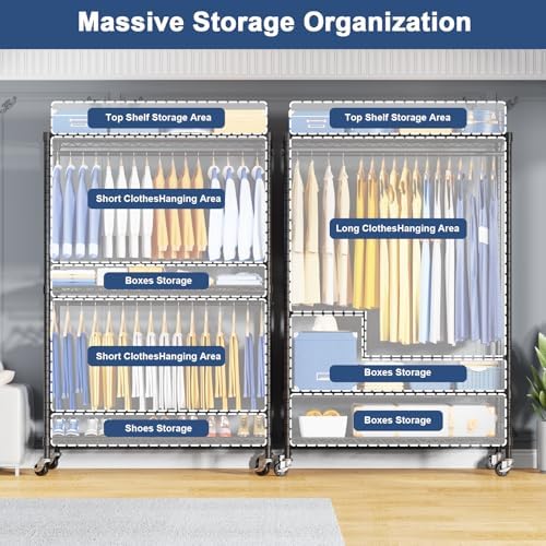 ULIFHOME P8C Pro Heavy Duty Clothes Rack（With Extended Width Design） Rolling Clothing Racks for Hanging Clothes with Lockable Wheels，42" W x 15.8" D x 80.5" H，Load 700LBS，Black Rack with Black Cover - Image 3