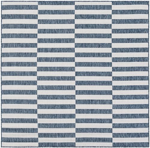 Unique Loom Outdoor Striped Collection Area Rug - Striped (6' 1" Square Blue/Ivory) - Image 3