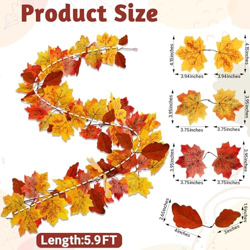 Helimoto 8Pcs Autumn Leaves Garland, 47.2 FT Hanging Fall Garland with 16 Hooks Artificial Fall Outdoor Garlands, Fall Decorations for Home Thanksgiving Halloween Decor Wedding Party Fireplace Mantle - Image 2