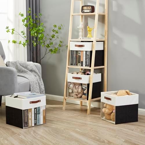Bagnizer Storage Cubes, 4 Pack Linen Foldable Storage Bins with Clear Window and 2 Handles, 13x15x13 Storage Cube Bins for Shelf Closet, Kallax, Clothes, Books - (Black / Off-White) - Image 3