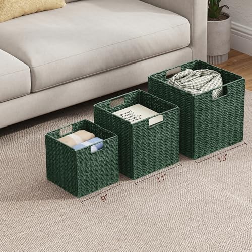 Vagusicc Wicker Storage Basket, Set of 2 Hand-Woven Paper Rope Wicker Basket, Foldable Cube Storage Bins, Square Large Storage Baskets for Organizing Shelves & Decor, Orange (13″×13″×13″) - Image 5