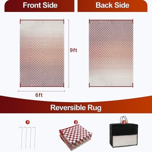 Wonnitar Waterproof Outdoor Rug 6x9 - Orange Red Gradient Checkered Camping RV Rug, Outside Patio Plastic Straw Mat for Balcony, Lightweight Reversible Portable Deck Carpet - Image 2