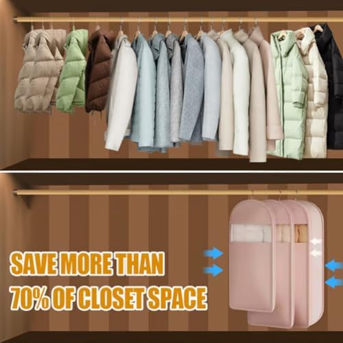 Space Saving Hanging Garment Bag with Self Compression Zipper, Space Saver Closet Organizers, Prevent Dust, No Taste, Space Saving Hanging Protector for Down Coat (Pink, 3 sizes) - Image 2