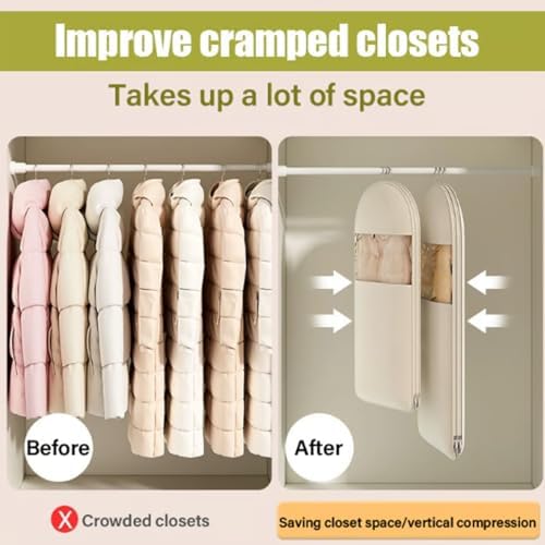 Space Saving Hanging Garment Bag with Self Compression Zipper, Space Saver Closet Organizers, Prevent Dust, No Taste, Space Saving Hanging Protector for Down Coat (Beige, 3 sizes) - Image 6