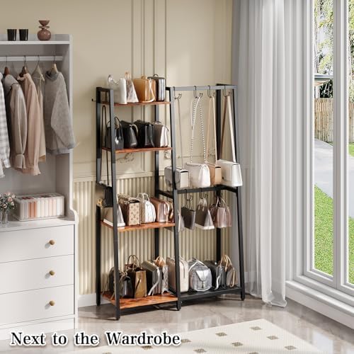 HavenlyYouth Purse Storage Organizer for Closet, 4-Tier Iron Wood Purse Rack, 8 Purse Hooks & 2 Side Hooks for Bag Organizer, Large Capacity Handbag Storage Rack for Home, Living Room - Image 2