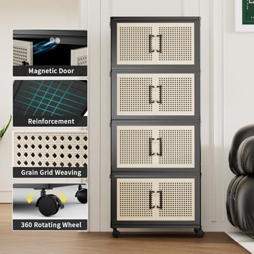 Storage Bins with Lids, Stackable Storage Containers with Lids, Collapsible Plastic Bins, Closet Organizers and Storage with Wheels and Magnetic Door for Home Office Dorm (4 Pack) - Image 4