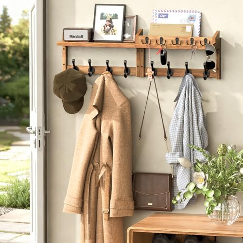 35'' Brown Coat Rack Wall Mount with Shelf, Solid Wood Coat and Key Hanger with 13 Metal Hooks, Farmhouse Wall Organizer for Mail, Entryway Wall Hangers for Hats, Clothes, Backpacks, Mudroom - Image 2