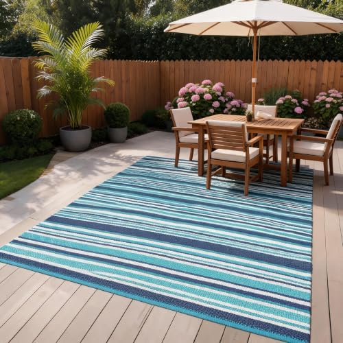 Garvee Modern 9x12 Outdoor Rug Colorful Striped Blue Plastic Straw Rugs by Garvee
