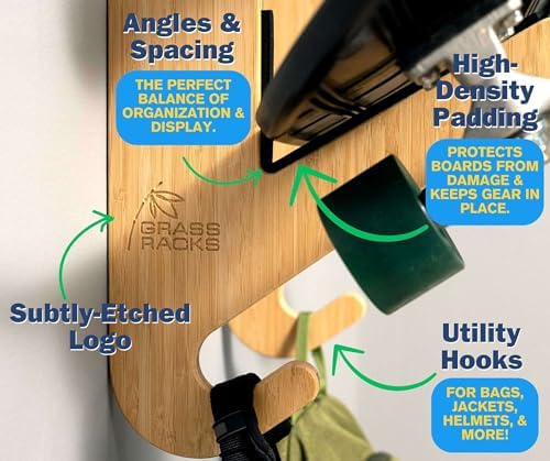 Grassracks Bamboo & Birch Snowboard Rack and Skateboard Rack - Moloka`i Series Snowboard Wall Mount - Image 6