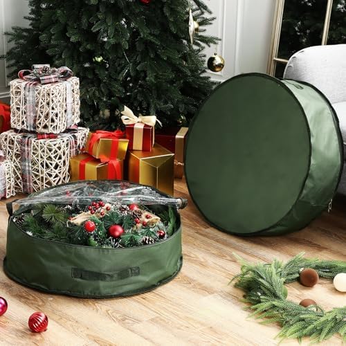 4 Pack Wreath Storage Container, 36 Inch Christmas Wreath Storage Box with Clear Window and Handles Upgrade Oxford Cloth Garland Bags with Dual Zipper for Xmas Wrapping, Green - Image 5