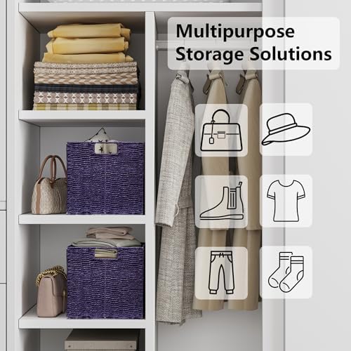 Vagusicc Wicker Storage Basket, Set of 2 Hand-Woven Paper Rope Wicker Basket, Foldable Cube Storage Bins, Square Large Storage Baskets for Organizing Shelves, Decor, Orange (13″×13″×13″) - Image 4