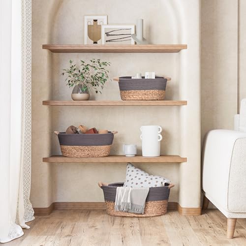 Seville Classics Premium Natural Handwoven Portable Laundry Bin Basket with Carrying Handles, Household Storage for Clothes, Linens, Sheets, Natural Water Hyacinth and Gray Rope, 3 Piece Set - Image 4