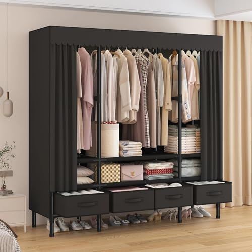 Portable Closet with Drawers 55.1"x17.7"x65.7" Wardrobe Closet Black - Image 2