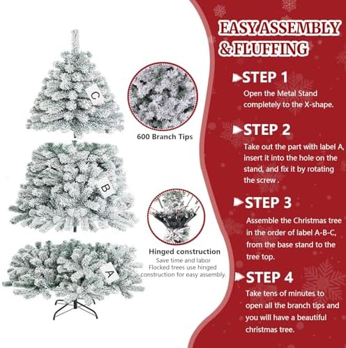 ULICO 5ft Snow Flocked Artificial Christmas Tree,Premium Spruce Xmas Tree with 600 Branch Tips, Fake Christmas Tree with Foldable Metal Base Stand,Home, Office,Party Decoration - Image 4