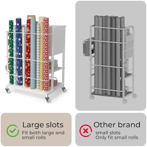 Wrapping Paper Storage & Organizer, Craft Cart with Ribbon & Gift Bag Storage, Wrapping Paper Organizer Holder(2 Wooden Drawers-White) - Image 3