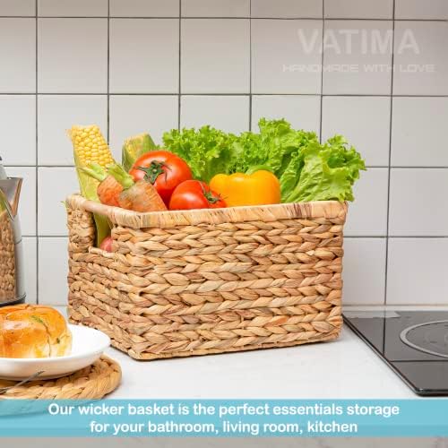 Natural Water Hyacinth storage basket with Handle, Rectangular Organizing Basket for Organizing, Decorative Wicker Storage Bins for Living Room, Medium Wicker Baskets - 3 Pack Medium - Image 5