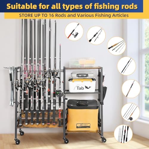 Olakee Fishing Rod Holders, Rolling Fishing Rod Rack for Garage & Boat, Tackle Box & Reel Holder Cart, Easy Assembly Fishing Gear Management System, Ideal Birthday Gift for Men Dad Anglers - Image 4