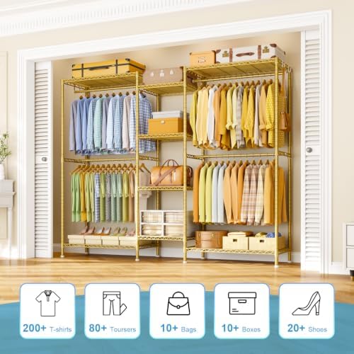 Ulif E4 Plus Heavy Duty Clothes Rack, Gold Metal Closet Storage System - Image 3
