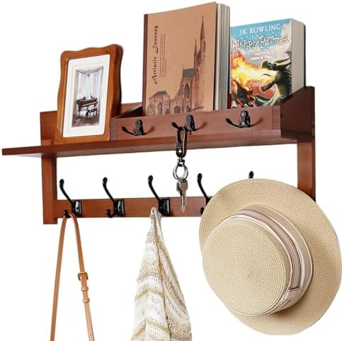 Coat Rack Wall Mount with Shelf, 26IN Wooden Coat Hanger Hooks Wall Mount with 8 Metal Hooks, Hanging Shelf with Hooks, Retro Walnut by ExperCity