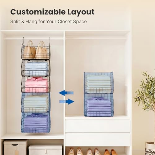 5 Tier Metal Hanging Closet Organizer with 2 Extra Tall Storage Baskets & 3 Standard Wire Baskets, Heavy Duty Foldable Closet Organizer with Snag‑Free Liners for Clothes, Jeans, Handbags, Hats - Image 4