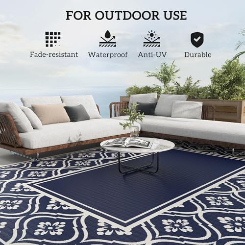 Outsunny Outdoor Rug for Patio Waterproof 9' x 12' Blue & White Gourd - Image 6