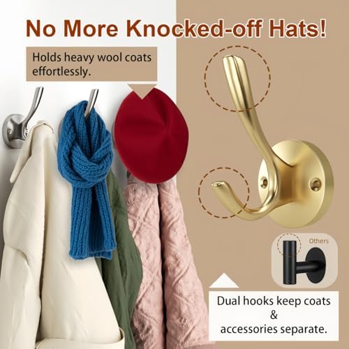 Coat Hooks for Hanging Coat Hooks for Wall Mounted Brass Wall Hooks Heavy Duty Brushed Robe Closet Hooks for Hanging Coats Entryway Metal Towel Hooks for Bathrooms (12, Gold) - Image 3
